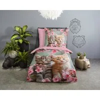 good morning Kinderbettwäsche Mischa, Renforcé, 2 teilig, Baumwolle, Renforcé, Wendeoptik, Kind, Mädchen, Katze, Blume