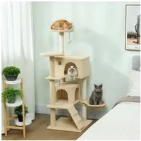 PawHut Kratzbaum Katzenbaum mit 2 Höhlen und Katzenkratzbaum mit Sisal-Stämmen, Sisalstämme, große Plattform, für Katzen unter 5 kg, Beige
