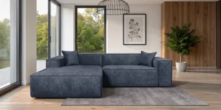 Ecksofa Designersofa CARLOTA in Stoff Perfect Harmony Dunkelblau Ottomane Links