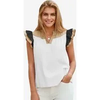 Imily Bela Blusenshirt Damen Kurzarm mit Colorblocking Rüschenärmeln und V-Ausschnitt (Packung, 1-tlg., 1per-Pack) aus Baumwolle