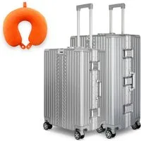 WINLIFE Trolley Hartschalen-Koffer Alu-Rahmen Silber Trolley M, L, XL + Nackenkissen, 4 Doppelrollen Rollen, ABS+PC-Hartschale, TSA-Zahlenschloss, 360°-Doppelrollen