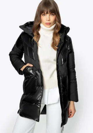 Wittchen Damen-Daunenmantel aus Materialmix mit Kapuze, schwarzes Nylon