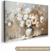 OneMillionCanvasses® Leinwandbild Vase - Blumen - Kunst - Gold, Fotodruck (1 St), Leinwand Bilder Klein, Wand Dekoration Aesthetic 30x20 cm