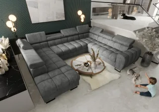 Wohnlandschaft Schlafsofa BASTIEN XL in Stoff Terra Grau Ottomane Links