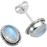 mantraroma Paar Ohrstecker NOHA aus 925 Silber mit Regenbogen Mondstein (Paar, Paar Ohrringe mit Schmuckbeutel), 925 Sterling Silber Ohrringe für Damen
