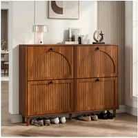 STILVORA Schuhschrank in Walnussholzfarbe Schuhregal Schuhkipper mit 8 Fächern & 4 Kipptüren (Schuhschrank, 120×24×90cm, MDF, 4 Klapptüren, Walnuss, 8 Fächer, 5 Füße, offenes Fach, stabil, bis 30kg belastbar) für Flur, Eingangsbereich, Wohnzimmer, Bü