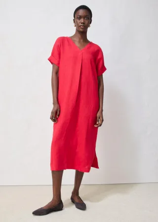 bonprix Kaftan-Kleid aus reinem Leinen, rot, Gr.50, modernen Leinenkleid mit weiter Passform und tiefem V-Ausschnitt, aus Leinen