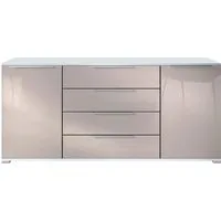 Vladon Sideboard Linio V2 (Moderne Kommode, mit 2 Türen & 4 Schubladen), Weiß matt/Sandgrau Hochglanz, 166,5 x 75,5 x 35 cm (BxHxT)