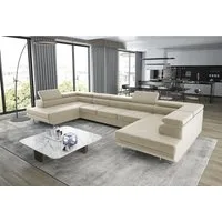thematys Ecksofa Aston U 403 x 203cm mit Schlaffunktion & Bettkasten –, U-Sofa mit verstellbaren Kopfstützen, Samt (Monolotith), oder Cord (Poso), - U-Form, XL-Wohnlandschaft, 390 cm breit