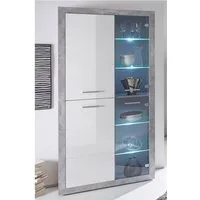 PREISBRECHER Vitrine Rio de Janeiro Betonoptik, Weiß-Glanz, 2 Glastüren, inkl. LED – BxHxT:92x194x37 cm