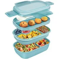 AURIVION Lunchbox Bento Lunchbox 1900ml mit Fächern & Besteck für Kinder & Erwachsene, Silikon, (Set, 4-tlg., 3-Schichten Brotdose mit Obstfach, auslaufsichere Salatbox), Lunchbox mit Cutlery, ideal für Schule, Arbeit & Reisen