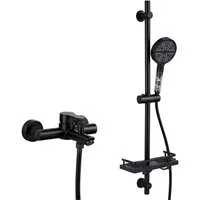 HOMELODY Duschsystem Badewannenarmatur mit Duschset schwarz höhenverstellbar 6 Strahlarten, SUS304 Edelstahl Wannenarmatur mit Handbrause Filter und Ablage