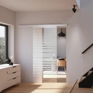 Glasschiebetür 880x2035mm Streifen satiniert Komplettset Quadratgriff
