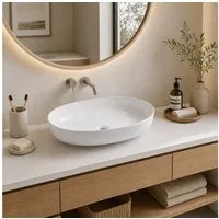 GarveeMore Aufsatzwaschbecken aus Keramik mit dünnem Rand für Badezimmer, Künstlerisches Design, leichte Reinigung, oval/konisch, weiß