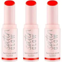 Essence Lippenstift SATIN GLOW LUMINOUS SHINE LIPSTICK, 3-tlg., Satin-Finish, langanhaltend, Farbintensiv, hohe Deckkraft