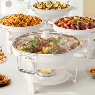 WARMOUNTS White Chafing Dishes for Buffet with Glass Lid (5QT, 2/4Pack), Maifanite-Coated Round Chafing Dish Set w/Mirro