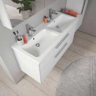 Duravit D-Code Doppelwaschtisch 24001200002 mit Hahnlochbank, 2 Becken, Hahnlöcher, Weiß Hochglanz, 1200 x 480 mm