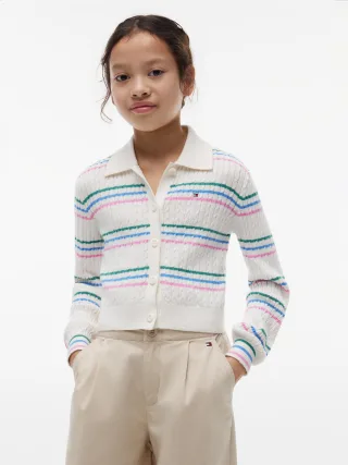 POLO COLLAR RIB CARDIGAN Ivory Silk Stripes - Gr. - 10