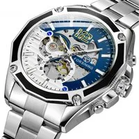 Rötting Design Automatikuhr Herrenuhr Armbanduhr Marke Forsining Skelett blau weißes Ziffernblatt, Edelstahl, Skelett Ziffernblatt