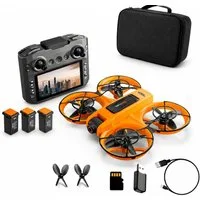 Goldstern-Tech RC-Quadrocopter Drohne (mit 12,5-cm Full-HD Display-Fernsteuerung bis 60min Flugzeit, komplett geschütztem Propellerdesign inkl. 8GB SD-Karte), Dualkamera mit 90° Winkel & 50x Zoom, Optical-Flow, Brushless-Motoren