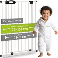 BOMI Türschutzgitter Kinderschutzgitter Merle, Extra Hoch, Breite 73-161 cm (ohne Bohren, klemm- und verschraubbar, Weiß, Metall), Treppenschutzgitter mit 90°-Festellfunktion & 2-Wege-Öffnung