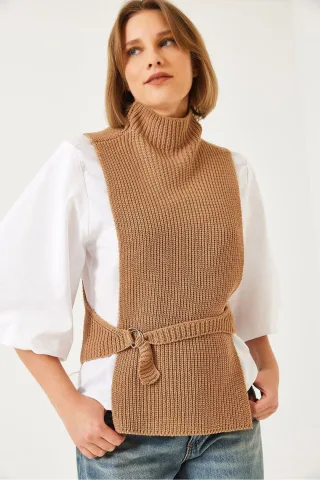 Texturiertes Rippstrick-Turtleneck-Top mit Schleife