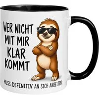 Momentals Tasse Faultier – „Wer nicht mit mir klar kommt“ – lustiger Geschenk Becher, Gratis Versand · Links-&Rechtshänder · Spülmaschinenfest
