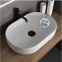 Alpenberger Aufsatzwaschbecken Bad Waschbecken Gäste WC Handwaschbecken Waschschüssel für Waschplätze (Waschschale Weiß, Aufsatzbecken mit Nano), Kleines Waschbecken Oval ohne Hahnloch