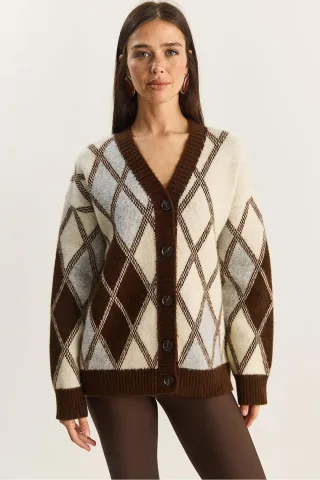 Dicker Jacquard-Strickcardigan mit V-Ausschnitt und Knopfverschluss
