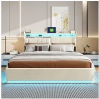 Furnishings Home Polsterbett Doppelbett Gepolstertes Stauraumbett mit LED-Beleuchtung, (Hydraulisch hebbarer Stauraum) Beige Samt 1 USB-Anschluss