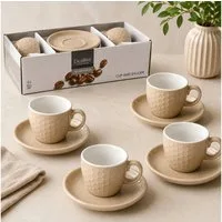Koopman Tasse Kaffeetassen Espressotassen Untertasse Keramik 8tlg 90ml, 8-tlg., Keramik, Beige, 4 Tassen + 4 Untertassen, Wabenmuster, 90ml je Tasse, Geschirr