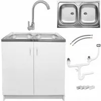 STAMAR Spülenschrank Komplettset 80cm Weiß Doppelspüle Edelstahl Armatur Siphon Unterschrank stehend Doppelspüle 80x50 Hohe Armatur matt 36,5cm Set