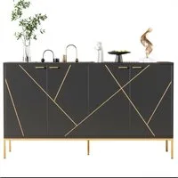i@home Sideboard mit vier Türen, Schwarz/Golden, Gerades Design mit Metalllinien-Dekor, Maße: H80*B150*T40cm.