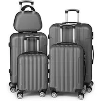 LALAHO Trolley Kofferset Hartschale Reisekoffer, 360° Rollen, 4 Rollen, 5er Set Handgepäck, Koffer, mit Kosmetikkoffer, Dunkelgrau