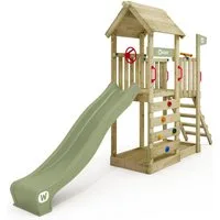 Wickey Spielturm JoyFlyer – Garten-Klettergerüst mit Wellenrutsche & Sandkasten, 10-Jahre Garantie*, Kletterwand mit Klettersteinen