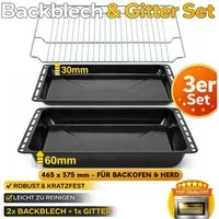 ICQN Backblech 465 x 370 x 30 und 60 mm Backblech Set mit Gitter, Emaille, (Set, 3-St., Fettpfanne und Verchromt Backofenrost), Passend für Bosch Neff Constructa