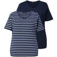 Ulla Popken T-Shirt T-Shirts 2er-Pack uni/Streifen V-Ausschnitt