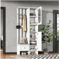 KLAM HOME Garderoben-Set 85*33.5*200cm Kompaktgarderoben,Startseite Möbel Mit 2 Schränken, (Aufbewahrungsschrank aus gehärtetem Glas, Weißer Eingangsschrank), Garderobenständer mit Schuhbank und Polster