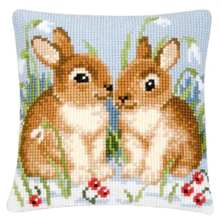 Kreuzstichkissen "2 Hasen & Schneeglöckchen"