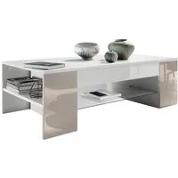 Vladon Couchtisch Clip (Wohnzimmertisch, mit 2 Seitenfächern und 1 Glasplatte), Weiß matt/ Sandgrau Hochglanz (118 x 37 x 60 cm)