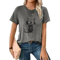 PYLIKE Rundhalsshirt Damen bequemes Sommer Kurzarmbluse Slim Fit Katze Print-Shirt Bequem für Freizeit und Büro