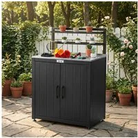 Feasto Servierwagen Wetterfester Gartenschrank mit Edelstahl-Arbeitsfläche 80x48x113 cm, klappbares Oberregal, verstellbare Standfüße, großer Gartenstauraum