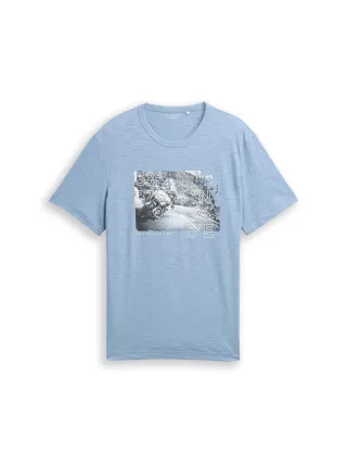 Tom Tailor - T-Shirt in Melange-Optik mit Fotoprint mountain spring blue - Gr. - S
