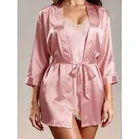 Elegant Love Morgenmantel Negligé-Set–Damen-Loungewear & Nachtwäsche-Set aus Satin, 3-tlg. Schlafkleid, V-Ausschnitt, rückenfrei, Lingerie für Damen, Gürtel, Langärmelige Robe mit Unterkleid, mit seitlich geschlitztes