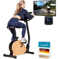 Skandika Ergometer Treliv P8, Heimtrainer aus Eisen mit Holz, LED Display, 22 Programme (Transportrollen, Tablet-Halterung, Kinomap App kompatibel, bis 120 kg), Magnetbremse 32 Stufen, Sattel & Lenker verstellbar, Bluetooth