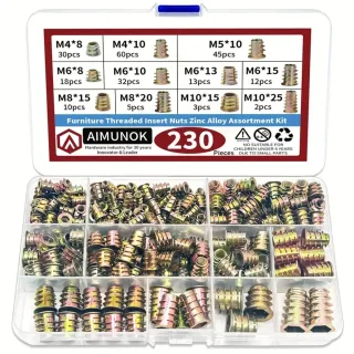230pcs Threaded Wood Inserts Nuts Assortment Kit Nut Inserts with 11 Metric Sizes M4/M5/M6/M8/M10 Hex Socket Drive Furni
