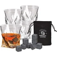 Woma Whiskyglas Whisky Glas Geschenk Set aus Kristallglas - 13-teilig, Kristallglas / Basalt, 4er Trinkglas Set mit 8x Basalt Kühlsteinen und Samtbeutel