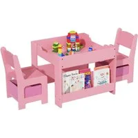 GarveeMore Kindersitzgruppe 4-in-1 Funktionsset Kindersitzgruppe,Rosa 70x50x55cm, Set mit 2 Stühlen & 1 Tisch, Holz Spieltisch, Stauraum & Wendeplatten