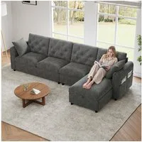 Merax Ecksofa L-förmiges 4-Sitzer sofa, 1 Teile, mit Bettkasten, Schlaffunktion, Kissen und Magazintaschen, Couch, Samt
