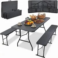 TLGREEN Bierzeltgarnitur Klappbar 3-teilig, 1 Biertisch + 2 Bierbank, (Wetterfest Gartenmöbel Set mit Tragegriff, HDPE+Stahlrohr Campingtisch Outdoor), für Grillveranstaltung/Camping/Gartenparty (Bis zu 10 Personen)